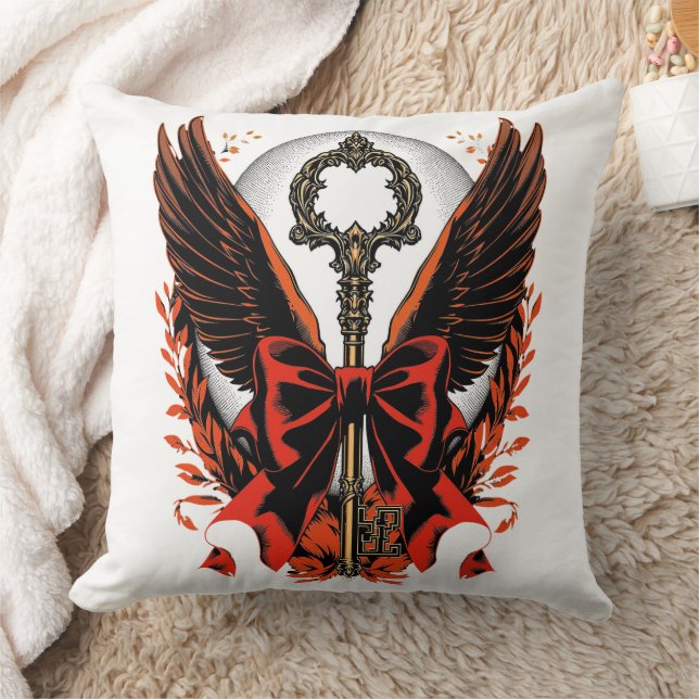 Gothic Velvet Bow Key with Wings & Moon Throw Pillow (Blanket)