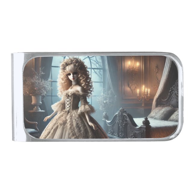 Gothic Victorian Doll – Dark Elegance Silver Finish Money Clip (Front)