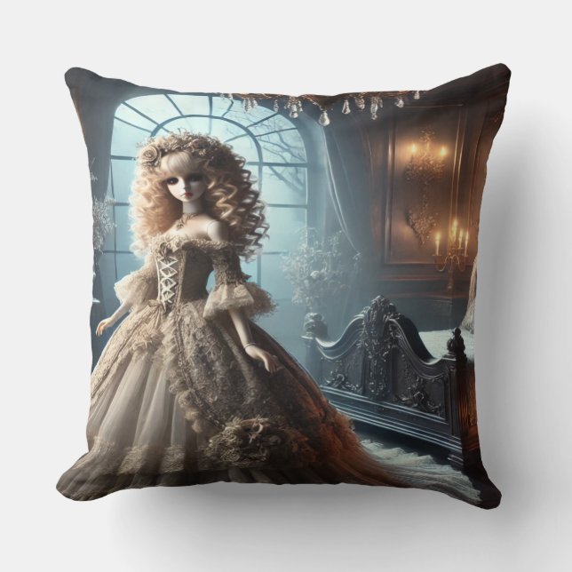 Gothic Victorian Doll – Dark Elegance Throw Pillow (Front)