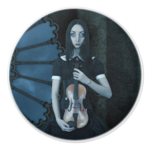 Gothic Victorian Girl Holding Violin Dark Fantasy Ceramic Knob
