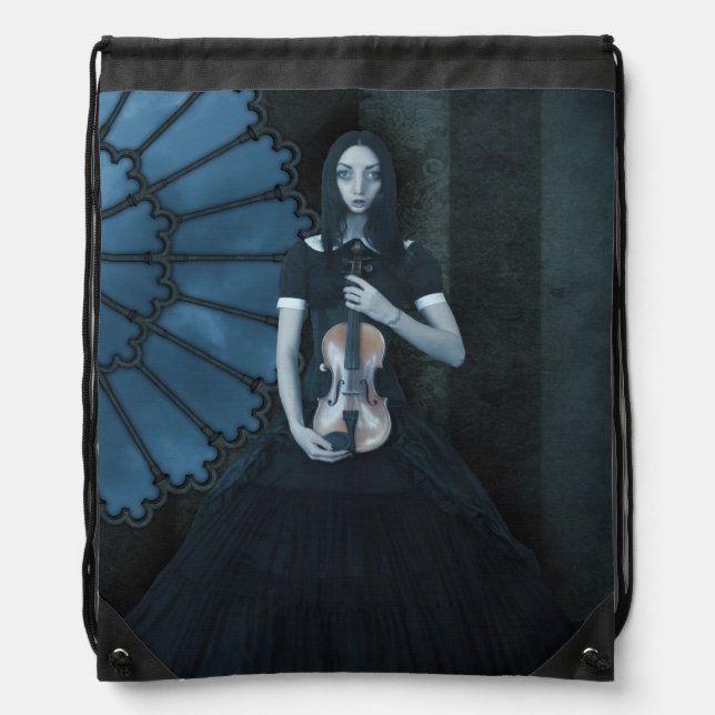 Gothic Victorian Girl Holding Violin Dark Fantasy  Drawstring Bag (Front)