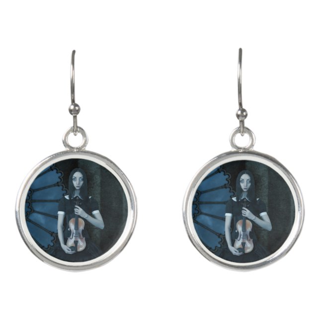 Gothic Victorian Girl Holding Violin Dark Fantasy  Earrings (Front)