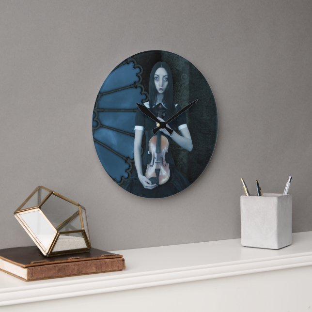 Gothic Victorian Girl Holding Violin Dark Fantasy  Large Clock (Office)