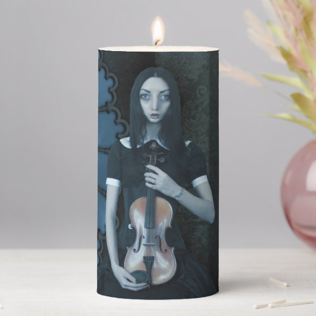 Gothic Victorian Girl Holding Violin Dark Fantasy  Pillar Candle (In Situ)