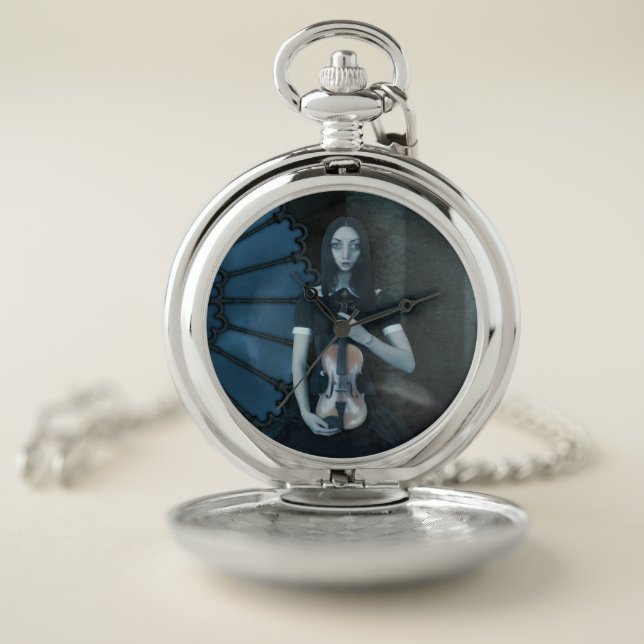 Gothic Victorian Girl Holding Violin Dark Fantasy  Pocket Watch (Inside)
