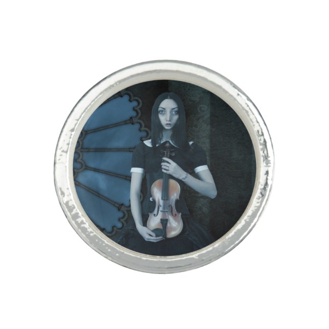 Gothic Victorian Girl Holding Violin Dark Fantasy  Ring (Front)