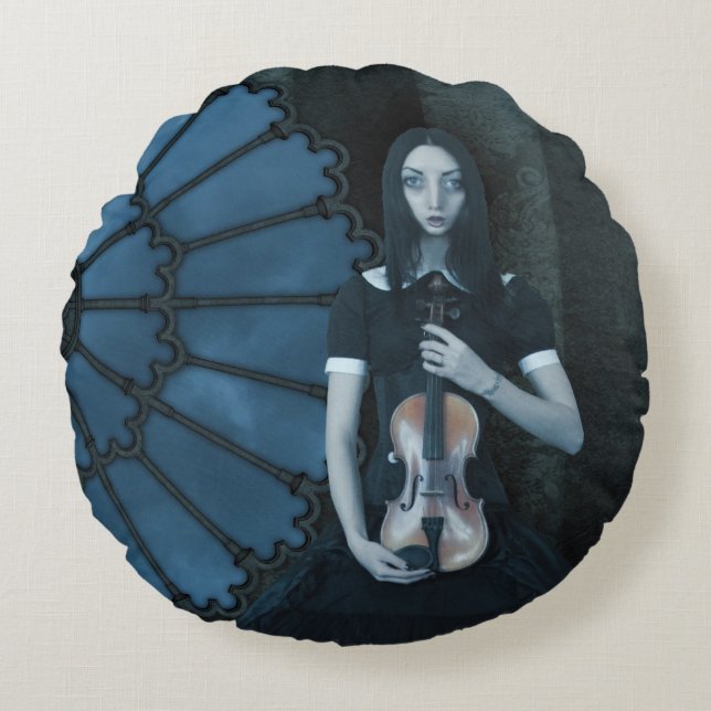 Gothic Victorian Girl Holding Violin Dark Fantasy  Round Pillow (Front)