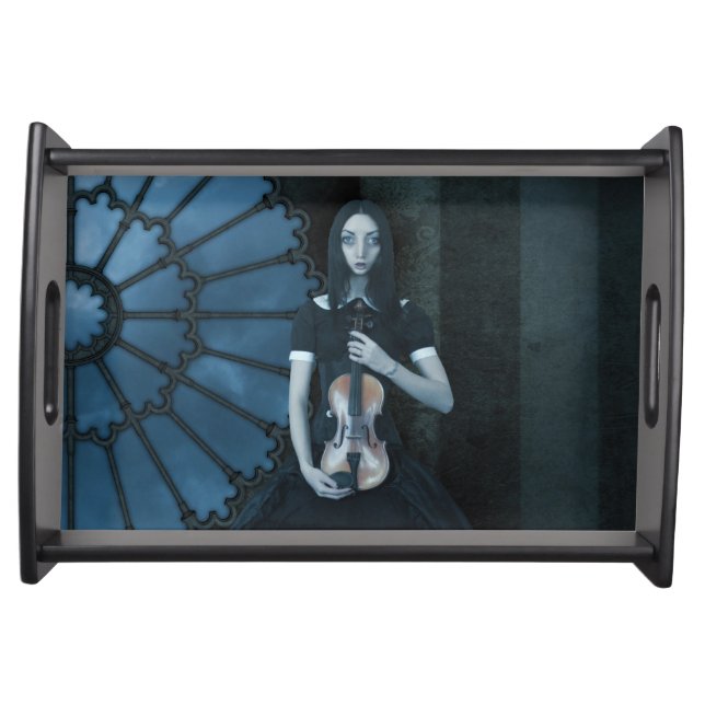 Gothic Victorian Girl Holding Violin Dark Fantasy  Serving Tray (Front)