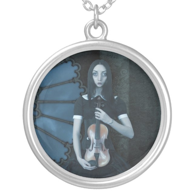 Gothic Victorian Girl Holding Violin Dark Fantasy  Silver Plated Necklace (Front)