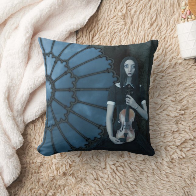 Gothic Victorian Girl Holding Violin Dark Fantasy  Throw Pillow (Blanket)