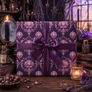 Gothic Victorian Mauve Lotus Damask Wrapping Paper