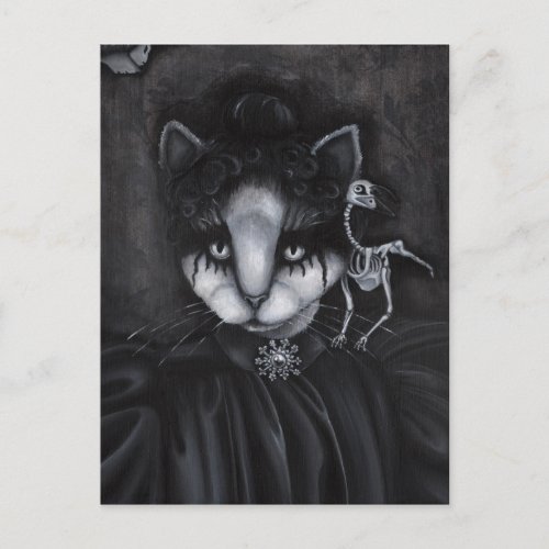 Gothic Victorian Skeleton Bird Creepy Cat Art Card