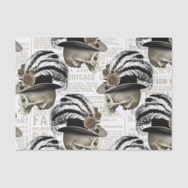 Gothic Victorian Skulls Feathers Hat Newspaper Tissue Paper (Front)