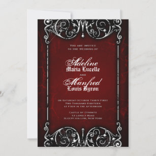 Gothic Victorian Spooky Red, Black & White Wedding Invitation