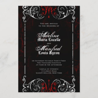 Gothic Victorian Spooky Red, Black & White Wedding Invitation