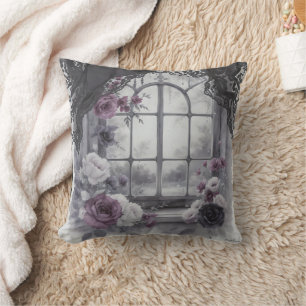 Gothic Victorian Window Purple Rose Lace Frame Art Throw Pillow
