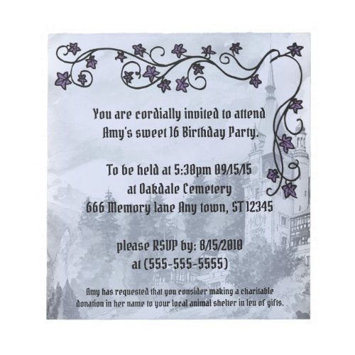 Gothic Vines and Castle Sweet 16 Invitation Notepad