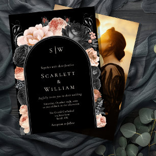 Gothic Vintage Black Arch Monogram Photo Wedding Invitation