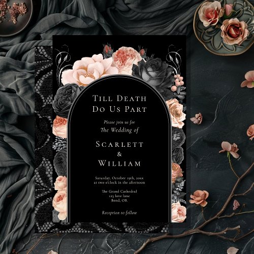 Gothic Vintage Black Blush Arch Till Death Wedding Invitation