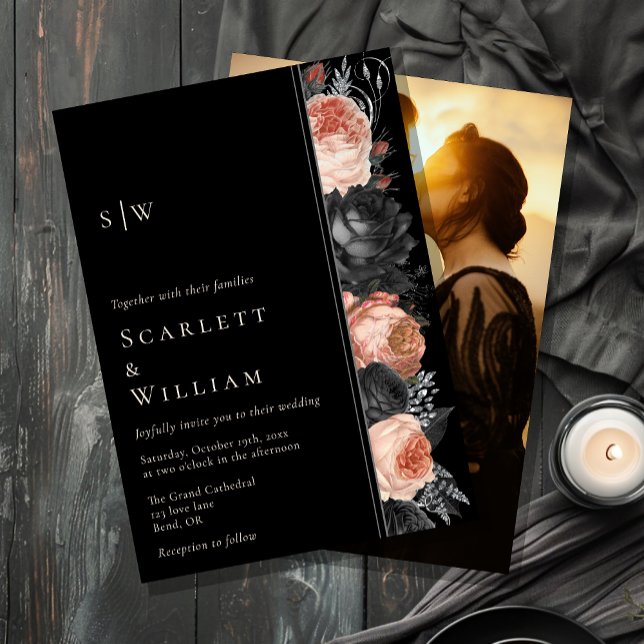 Gothic Vintage Black Blush Monogram Photo Wedding Invitation (Creator Uploaded)