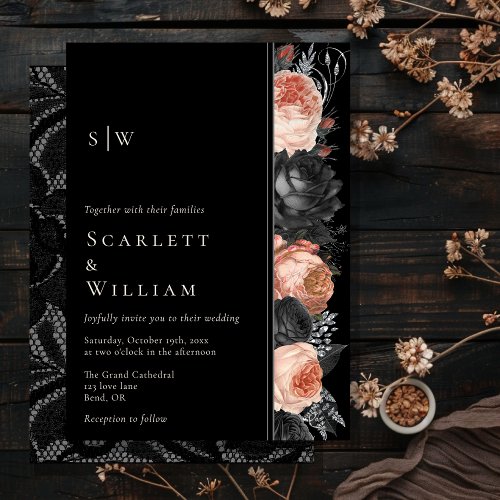 Gothic Vintage Black Blush Monogram Wedding Invitation