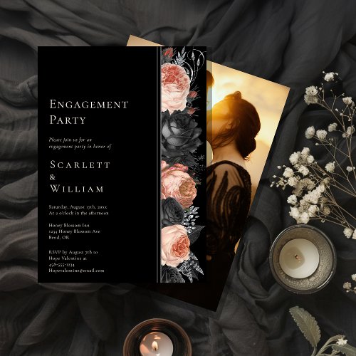 Gothic Vintage Black Blush Photo Engagement Party Invitation