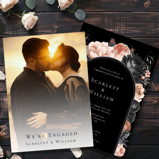 Gothic Vintage Black Blush Photo We're Engaged Invitation (Creator Uploaded)