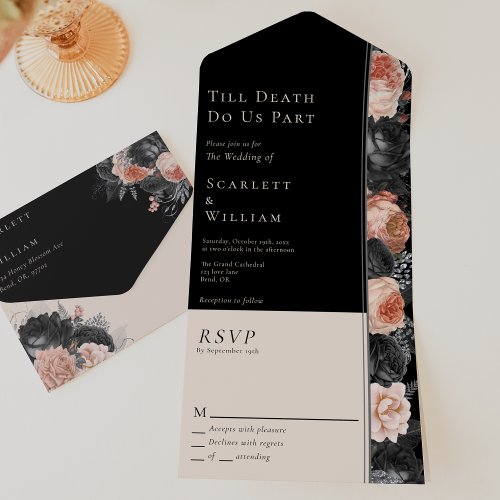 Gothic Vintage Black Blush Till Death Wedding All In One Invitation