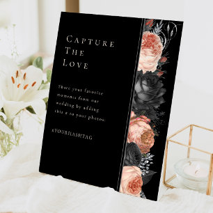 Gothic Vintage Black Blush Wedding Hashtag Pedestal Sign