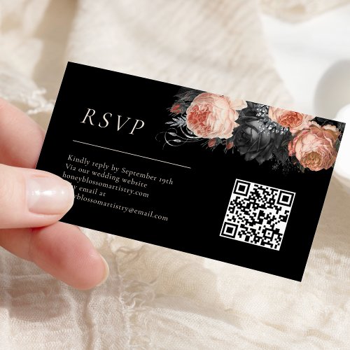 Gothic Vintage Black Blush Wedding QR Code RSVP Enclosure Card