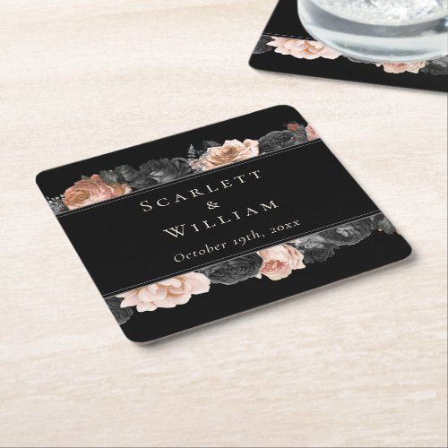 Gothic Vintage Black Blush Wedding Square Paper Coaster