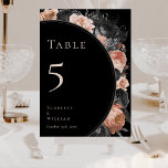 Gothic Vintage Black Blush Wedding Table Number<br><div class="desc">This gothic vintage black blush wedding table number is a dark canvas of romance and timeless elegance. This design features traditional motifs intertwined with a moody aesthetic reminiscent of autumn. Delicate watercolor dusty rose and dark blush floral arrangements dance across the black canvas, evoking the ethereal beauty of twilight. Each...</div>