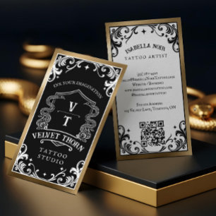 Gothic Vintage Black Gold Tattoo Artist Monogram Business Card