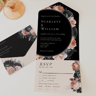 Gothic Vintage Black Menu Choice RSVP Wedding All In One Invitation