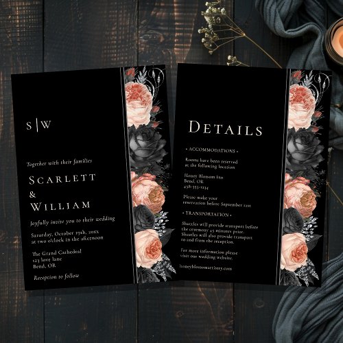 Gothic Vintage Black Monogram Wedding All In One Invitation