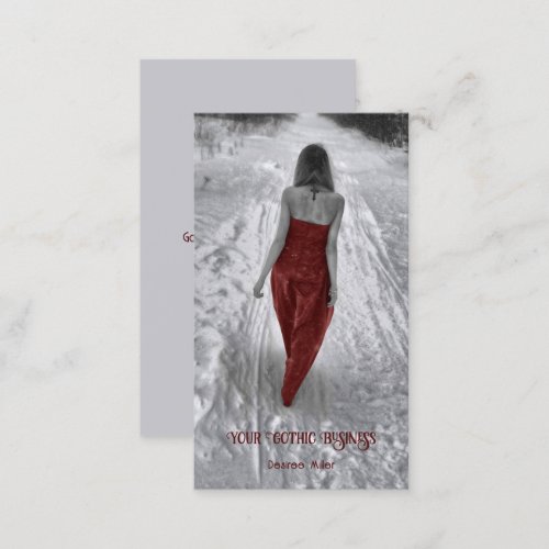 Gothic Vintage Girl Red Dress Gray Snow Business Card