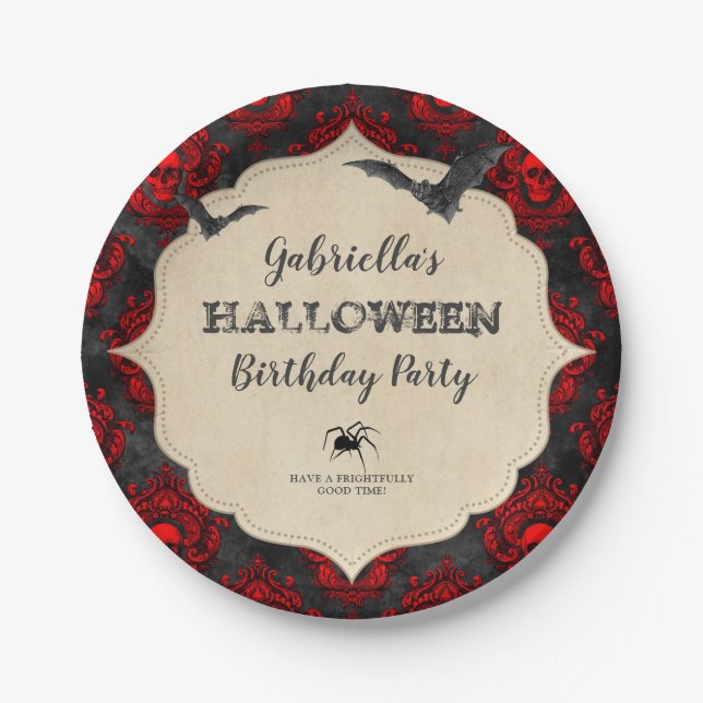 Gothic Vintage Halloween Bats Birthday Party Paper Plates (Front)