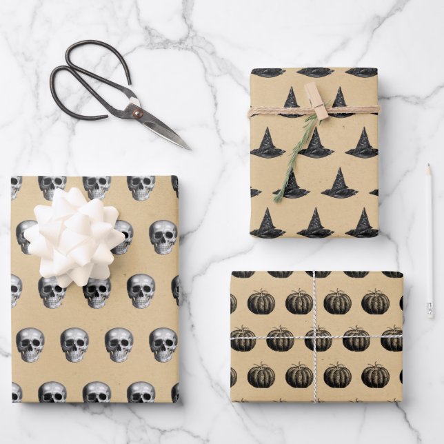 Gothic Vintage Halloween Wrapping Paper Sheets (Front)