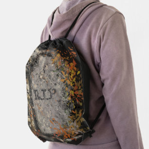 Gothic Vintage R.I.P. Headstone And Fall Leaves Drawstring Bag