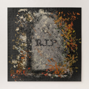 Gothic Vintage R.I.P. Headstone And Fall Leaves Jigsaw Puzzle