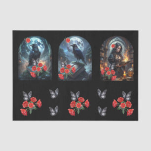 Gothic Vintage Raven & Red Roses  Decoupage Tissue Paper