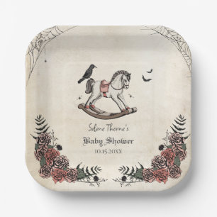 Gothic Vintage Rocking Horse Baby Shower Square Paper Plates