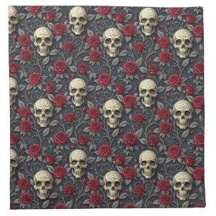 Gothic Vintage Skull and Red Roses Floral Cloth Napkin
