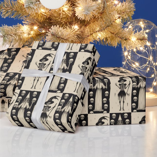 Gothic Vintage Skull and Witch Checkerboard  Wrapping Paper (Holidays)