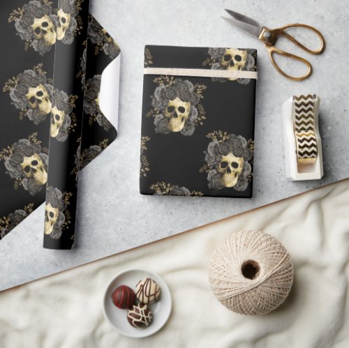 Gothic Vintage Skull Black  Gold Roses  Wrapping Paper