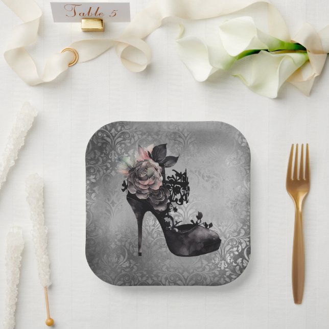 Gothic Vogue | Muted Pastel Rose Fashion Stiletto Paper Plates (Wedding)