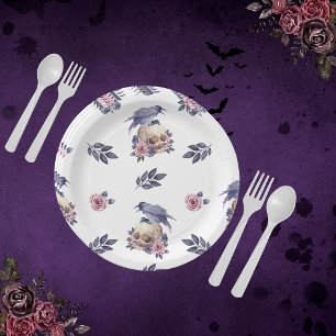 Gothic Watercolor Coffin & Raven Design Paper Plates