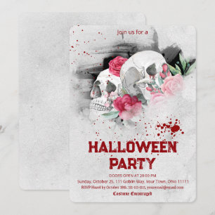Gothic Watercolor Floral Skull Halloween Party Invitation