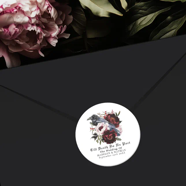 Gothic Watercolor Raven Floral Wedding Classic Round Sticker | Zazzle