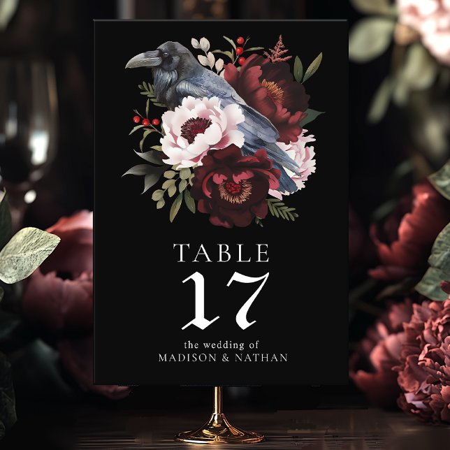 Gothic Watercolor Raven Floral Wedding Table Number (Creator Uploaded)